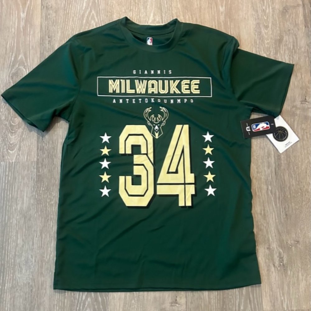 NWT NBA Giannis Antetokounmpo #34 Milwaukee Bucks GREEN Mens T Shirt Size medium